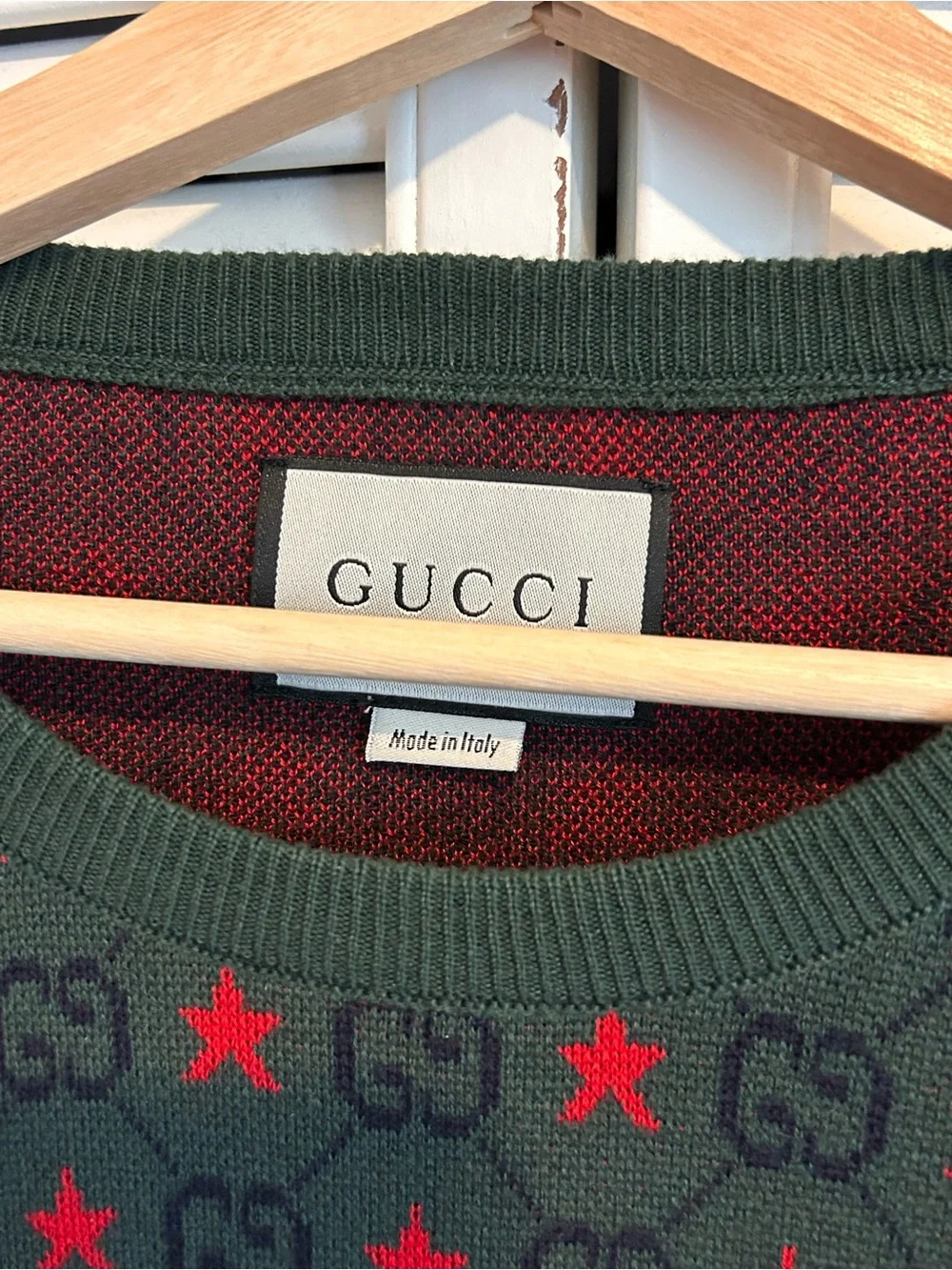 Gucci Men's Green Crewneck Sweater with Red Star Motif